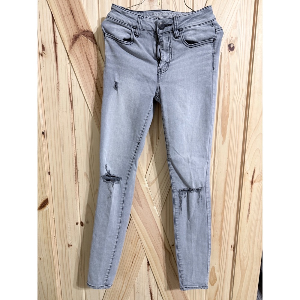 American Eagle Hi-Rise Jegging Gray Distressed Super Super Stretch Jeans Size 0